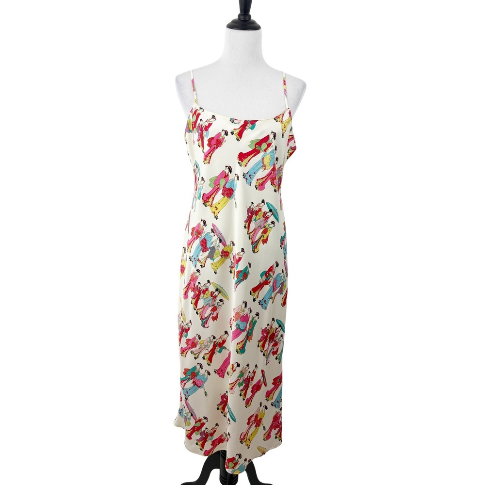 Natori Geisha Novelty Print Slip Dress Nightgown Size M Satin Spaghetti Straps